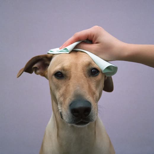 A dog's ears and eyes being gently cleaned